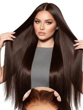 13*4 Chocolate Brown Front Lace Wig 32" Long Straight Synthetic Hair By Zebaish